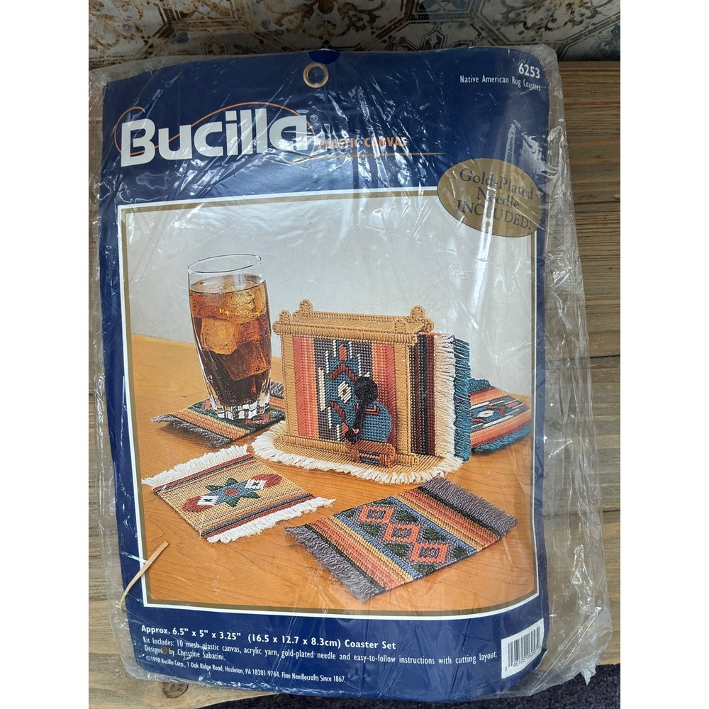 VTG '98 Bucilla Native American Rug Coasters Plastic Canvas Kit 6253 DIY Set